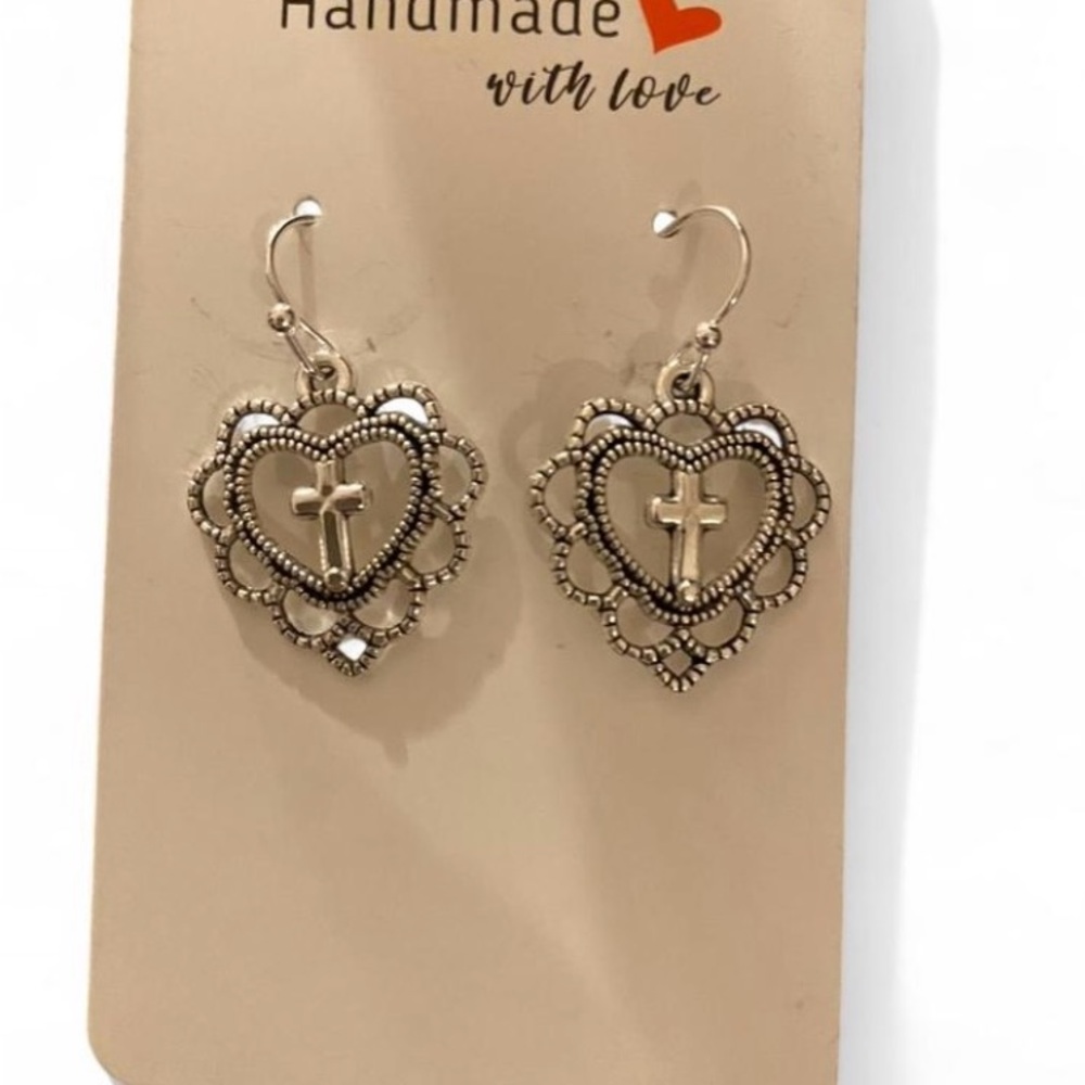 Silver-Tone Heart Cross Dangle Earrings - Vintage-Inspired